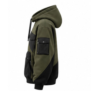 Sudadera con Capucha para Hombre, Color Verde Oliva y Negro, Diseño de Bloques de Color, Estilo Urbano, con Bolsillos con Cremallera y Cierre con Cordón - Product Image 6