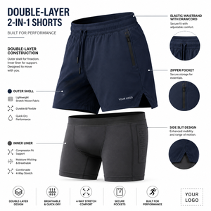 Men's Double-<b>Layer</b> 2-In-1 Training Shorts With Elastic Waistband And Zipper Pocket Quick Dry Sporty Design - Product Image 5