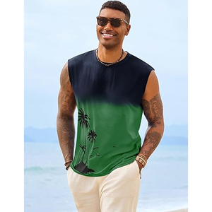 Men's Gradient Sleeveless Tank Top O-Neck Palm <b>Tree</b> Print Casual Breathable Knitted Polyester Shirt - Product Image 1