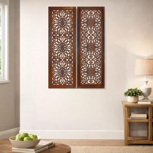 Juego de 2 Paneles Decorativos de Pared de Madera de Mango, Tallado de Medallón Rectangular, Color Marrón Quemado, Decoración para el Hogar - Product Image 5
