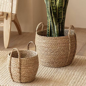 Rural Style Seagrass <b>Woven</b> Flower <b>Basket</b> With Handle Large Decorative Plant Pot & <b>Laundry</b> Storage <b>Basket</b> Home Decoration - Product Image 4