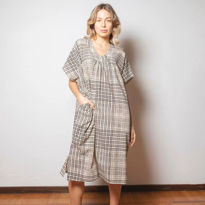 Vestido Kaftan Boho Chic de Algodón Indio, Ligero, con Estampado Geométrico, para Verano - Product Image 1