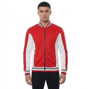 Chaqueta Bomber Deportiva para Hombre, Estilo Universitario, Bloques de Color Rojo y Blanco, Cierre Completo, Logotipo Personalizado, Cuello y Puños Acanalados a Rayas - Product Image 4