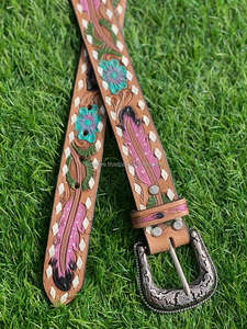 Best-seller Ceinture artisanale en cuir repoussé Style occidental Ceinture à fleurs turquoise avec point bouc Ceinture de cow-girl en cuir de vachette personnalisée - Product Image 3