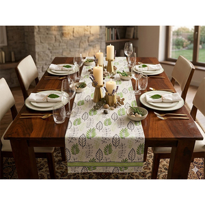 Chemin de table imprimé feuilles de coton, nappe florale réutilisable pour la maison, les fêtes et les mariages - Product Image 1