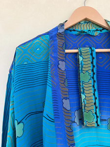 Kimono de seda largo hecho a mano de seda Vintage azul, bata de mujer, Kimono Floral, vestido de luna de miel - Product Image 3