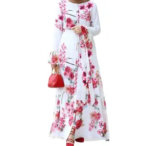 White suit red flower printed Best Selling Abaya Dress Dubai Designs Islamic Ethnic Clothing private Label Abaya For Muslims