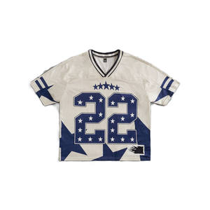 Maillot de football américain respirant avec motif étoiles bleu foncé et ton beige, numéro imprimé par sublimation, uniforme d'équipe OEM - Product Image 2