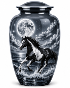Hermosa urna funeraria de metal (latón/aluminio) con diseño de Luna Azul Antigua y Caballo Blanco para cenizas de adultos. - Product Image 3