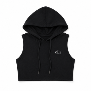 Débardeur court noir à capuche sans manches avec cordon de serrage, broderie personnalisée, coupe OEM, gilet athleisure, chemise pour femme, vêtements de sport pour la gym et l'entraînement, fabrication usine - Product Image 5