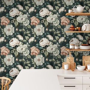 Carta da Parati Adesiva Vintage con Peonie Verde Scuro e Bianche, Facile da Applicare, Decorazione Murale Autoadesiva - Product Image 6