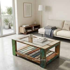 <b>Rustic</b> Reclaimed Wooden <b>Coffee</b> <b>Table</b> With Storage and Glass Top Antique Finish Indoor Outdoor Living Room Furniture - Product Image 4