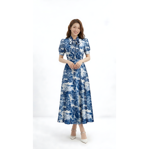 Vestido Maxi de Seda Azul Floral Elegante para Mujer, Manga Corta, Estampado Vintage, Vestido para Fiesta o Vacaciones - Product Image 2