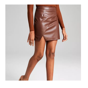 Women's High Waist Asymmetrical Faux Leather Mini <b>Skirt</b> Solid Color Shiny Design With Slit All Seasons Wear - Product Image 4
