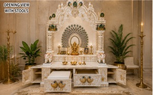 Designer Marble Look Wooden Temple with Peacock Carvings Custom Made Handcrafted Pooja <b>Mandir</b> For Home Teak Wood Puja Unit UK - Product Image 4