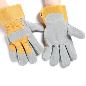 Leather Safety <b>Gloves</b> Wrist Length Gray Yellow Outdoor <b>Work</b> Plain Style Breathable Unlined Four Seasons Use - Product Image 1