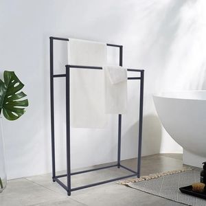 Modern Black Metal Freestanding Towel Rack Multi Layer <b>Holder</b> Bathroom Organizer Stylish Minimal Structure Design - Product Image 6
