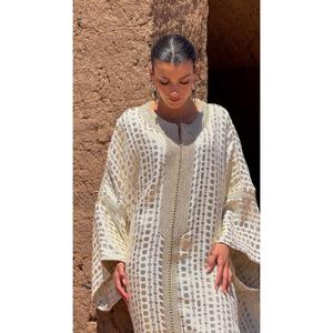 Two-piece Oversized <b>Kaftan</b> Small Rounded V-neckline <b>Kaftan</b> Made From Cream Iridescent Silk Statement Piece Entirely Finished - Product Image 6