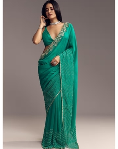 KV Women's <b>Green</b> <b>Silk</b> Viscose Traditional Organza Embellished Designer Saree with Unstitched Blouse for Party Occasions - Product Image 4