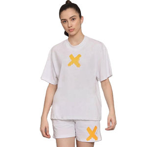 Ensemble T-shirt et short en coton respirant surdimensionné à imprimé personnalisé, tenue élégante pour femmes en 2 pièces assorties pour un usage quotidien en été - Product Image 1