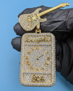 Iced Out Hip Hop Guitar <b>Clock</b> Pendant 925 <b>Silver</b> 18K Gold Moissanite Round Brilliant Cut Themed Charm Luxury Unisex Jewelry - Product Image 5