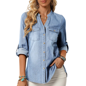 Blusa de Mezclilla para Mujer, Lavado Claro, Cuello Camisero, Manga Larga, Botones, Estilo Casual Vintage, 100% Algodón, Corte Regular, 340g, Uso Diario - Product Image 1