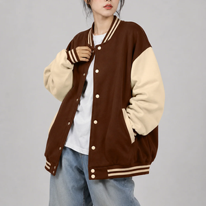 Purple Varsity <b>Jacket</b> With White Sleeves Embroidered Letter S Button Closure Regular Length Autumn Wear - Product Image 3