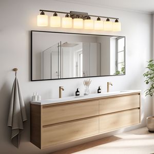 Lampada da Bagno Moderna a 8 Luci, Nero Opaco, 52 Pollici, con Paralume in Vetro Smerigliato Bianco, Illuminazione per Vanità - Product Image 1