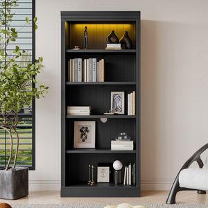 Libreria in legno alta 83,4 pollici con striscia luminosa, scaffali decorativi a 5 livelli, organizer regolabile per CD/libri/film - Product Image 2