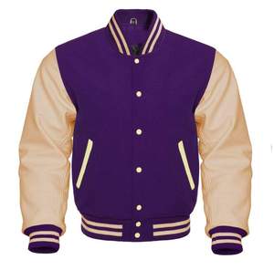 Veste universitaire unisexe violette et beige avec manches en cuir PU, col montant, fermeture à boutons recouverts, style décontracté, vêtement d'hiver coupe-vent - Product Image 6