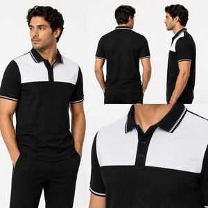 Polo personnalisé pour homme, noir et blanc, à blocs de couleur, manches courtes, tissu piqué respirant, style décontracté, logo par transfert thermique, chemise pour homme - Product Image 3