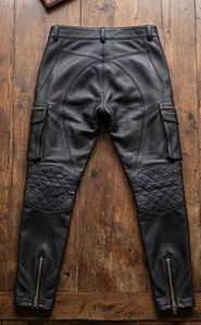 <b>Men's</b> Custom Black <b>Leather</b> Motorcycle <b>Pants</b> with Quilted Knee Pads Zippered Cargo Pockets Waterproof Windproof All Seasons Wear - Product Image 6