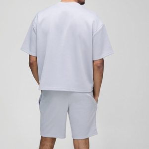 Men's Light Gray Cotton T-Shirt and Shorts Set Crew Neck Solid Color Casual Summer Wear with Logo Print - Product Image 4