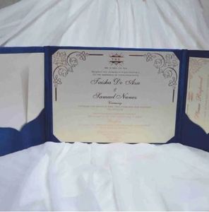 Folio d'invitation de mariage en satin bleu royal avec monogramme personnalisé à prix abordable par le fabricant Wedding Card - Product Image 3