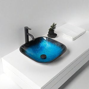 Lavello in vetro temperato artistico per bagno blu con rubinetto e scarico a scomparsa - Product Image 2