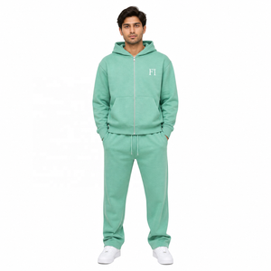 Unisex Oversized Cropped Hooded <b>Tracksuit</b> 100% Cotton Boxy Custom Printed Zip up Hoodies Bootcut Sweatpants Casual Streetwear - Product Image 1