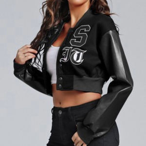 Women’s Varsity <b>Jacket</b> with Genuine Leather Sleeves Custom Wool Blend, <b>Patch</b> Embroidery, Breathable Short Fit - Product Image 5