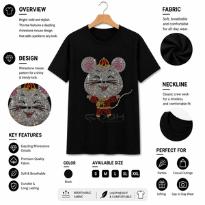 เสื้อยืดผู้ชายลายการ์ตูนหนูประดับเพชร แบรนด์ Cosh International สีดำ สไตล์ลำลอง ฮิปฮอป ผ้าฝ้าย ผลิตโดย OEM - Product Image 6