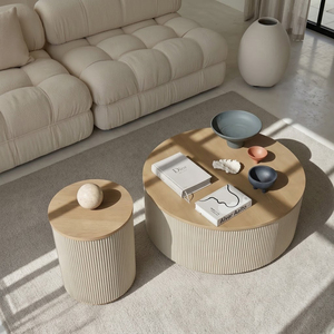 Juego de Mesa de Centro de Madera Minimalista, Muebles Modernos para Sala de Estar, Diseño Encajable, Mesa Auxiliar Redonda con Textura Acanalada - Product Image 3
