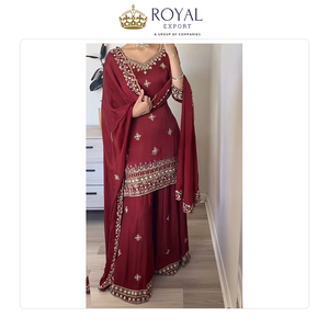 Beautiful Designer Indian Clothing Collection of Natural Crepe <b>Material</b> with 5mm Sequence Embroidery Work Sharara Suit for Sale - Product Image 4