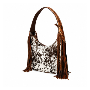 Western Hair Hide Leather Fringe Shoulder Bag Hand Tooled Cowboy <b>Purse</b> Premium Handmade Rustic Boho Hobo Tote Women Style Single - Product Image 1
