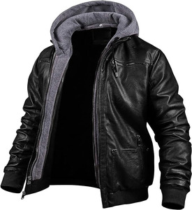Veste bomber en cuir noir pour homme, vêtements d'extérieur chauds pour l'hiver, avec capuche en tissu amovible, poignets en tricot côtelé, plusieurs poches, OEM - Product Image 2