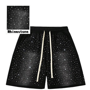 Custom Logo Distressed Sweat <b>Short</b> Heavyweight 100% Cotton 400GSM Fleece Rhinestones Sweat <b>Shorts</b> <b>For</b> Unisex - Product Image 1