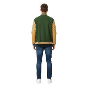 Veste universitaire vintage personnalisée pour homme, en laine verte, manches en cuir PU, broderie chenille, patch lettres, boutons pression. - Product Image 5