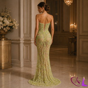 Vestido de noche largo hasta el suelo, bordado a mano, color verde oliva, estilo sirena |   Vestido de fiesta de diseñador sin tirantes con sujetador incorporado |   Formal - Product Image 5