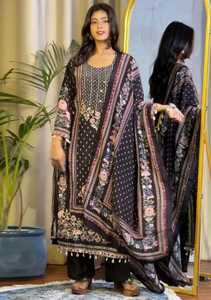 Elegante Conjunto de Traje Muslin con Bordado Floral, Corte Regular Moderno, Salwar Kameez de Diseñador, Ropa Casual Indo-Occidental para Mujer, de Secado Rápido - Product Image 4