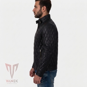 2026 NEW Men's Black Quilted <b>Leather</b> Biker <b>Jacket</b> Stand Collar Zipper Closure Slim Fit <b>Winter</b> Wear Windproof HIGH STREET Style - Product Image 2