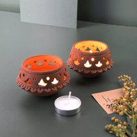 Ensemble de 2 lampes à bougies en terre cuite écologiques classiques faites à la main - Tables d'appoint portables pour le bureau et la salle à manger - Collection festive tribale