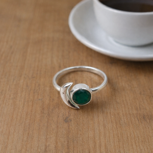 925 Sterling Silver Crescent Moon <b>Ring</b> Natural Emerald Gemstone <b>Adjustable</b> Open <b>Ring</b> Handmade Minimalist Women Jewelry for her - Product Image 3