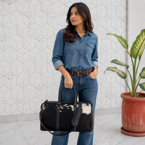 Bolsa de Viaje de Cuero Auténtico, Multiusos, Hecha a Mano, Unisex, Tamaño Grande, con Pelo de Vaca - Product Image 3